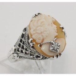 Hand Carved Italian Shell Cameo w/ Diamond Necklace Ring - Sterling Silver