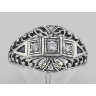 Art Deco Style CZ / Genuine Blue Sapphire Filigree Ring  Sterling Silver - FR-331