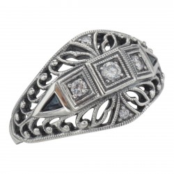 Art Deco Style CZ / Genuine Blue Sapphire Filigree Ring  Sterling Silver