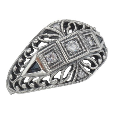 Art Deco Style CZ / Genuine Blue Sapphire Filigree Ring  Sterling Silver - FR-331