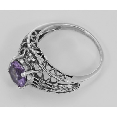 Art Deco Style Amethyst Filigree Ring with Four Diamonds Sterling 925 - FR-332-AM