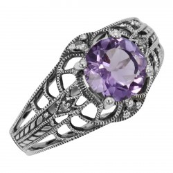 Art Deco Style Amethyst Filigree Ring with Four Diamonds Sterling 925