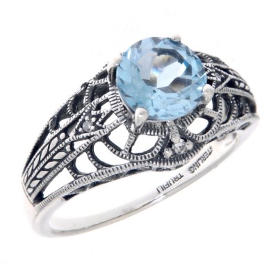 Art Deco Style Blue Topaz Filigree Ring with Four Diamonds Sterling 925 - FR-332-BT