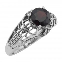 Art Deco Style Garnet Filigree Ring with Four Diamonds Sterling 925