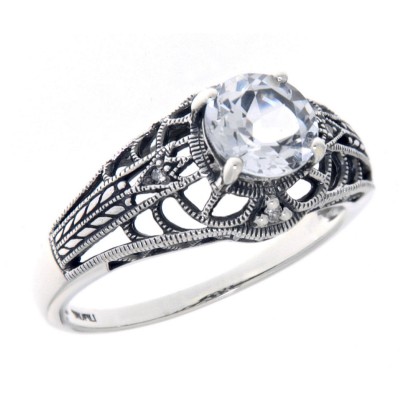 Art Deco Style White Topaz Filigree Ring with Four Diamonds Sterling 925 - FR-332-WT