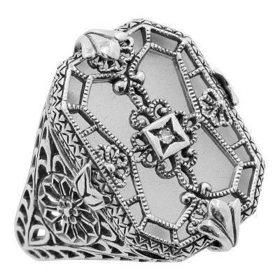 Victorian Style Camphor Glass Crystal Diamond Filigree Ring Sterling Silver - FR-342-CR
