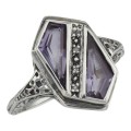 Unique Art Deco Style Amethyst  Diamond Filigree Ring - Sterling Silver