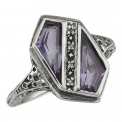 Unique Art Deco Style Amethyst  Diamond Filigree Ring - Sterling Silver