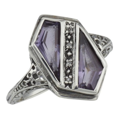 Unique Art Deco Style Amethyst  Diamond Filigree Ring - Sterling Silver - FR-343-AM
