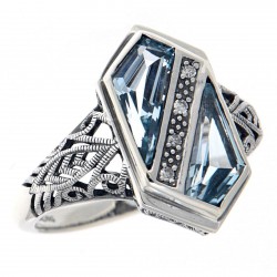 Unique Art Deco Style Blue Topaz  Diamond Filigree Ring - Sterling Silver
