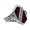 Unique Art Deco Style Garnet  Diamond Filigree Ring - Sterling Silver