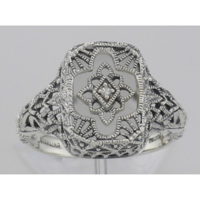 Victorian Style Camphor Glass Filigree Diamond Ring in Fine Sterling Silver - FR-369-CR