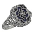 Victorian Style Blue Lapis Filigree Diamond Ring in Fine Sterling Silver
