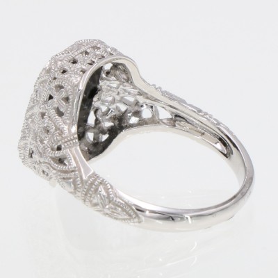 Vintage Inspired Victorian Style Black Onyx Filigree Natural Diamond Ring in Fine 14kt White Gold - FR-369-O-WG