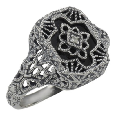 Victorian Style Black Onyx Filigree Diamond Ring in Fine Sterling Silver - FR-369-O