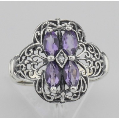 Antique Style Four Stone Amethyst  Diamond Filigree Ring Sterling Silver - FR-371-AM