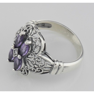 Antique Style Four Stone Amethyst  Diamond Filigree Ring Sterling Silver - FR-371-AM