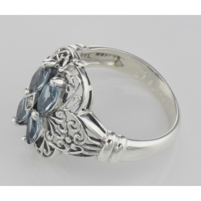 Antique Style Four Stone Blue Topaz and Diamond Ring - Sterling Silver - FR-371-BT