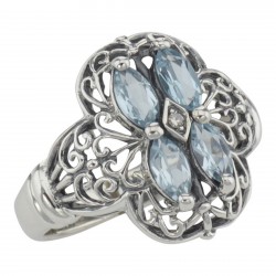 Antique Style Four Stone Blue Topaz and Diamond Ring - Sterling Silver