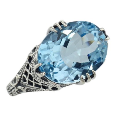 8.9 Carat Geniune Blue Topaz Filigree Ring - Sterling Silver - FR-423-BT