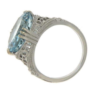 Victorian Style 14kt White Gold 8.9 Carat Genuine Blue Topaz Filigree Ring - FR-423-BT-WG