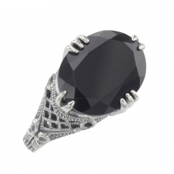 Beautiful Oval Black Onyx Filigree Ring - Sterling Silver