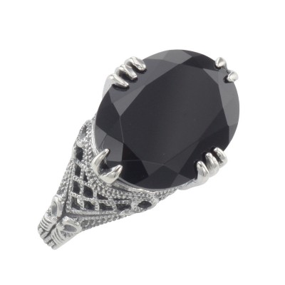 Beautiful Oval Black Onyx Filigree Ring - Sterling Silver - FR-423-O