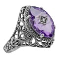 Victorian Style Sterling Silver Amethyst Filigree Ring w/ Diamond Center