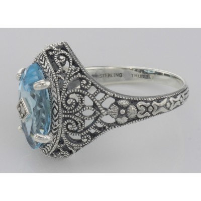 Victorian Style Sterling Silver Blue Topaz Filigree Ring w/ Diamond Center - FR-424-BT Victorian Style Sterling Silver Blue Topaz Filigree Ring w/ Diamond Center - FR-424-BT