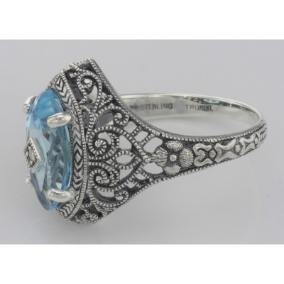 Victorian Style Sterling Silver Blue Topaz Filigree Ring w/ Diamond Center - FR-424-BT