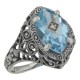 Victorian Style Sterling Silver Blue Topaz Filigree Ring w/ Diamond Center - FR-424-BT