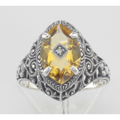 Victorian Style Sterling Silver Golden Citrine Filigree Ring Diamond Center - FR-424-C