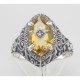 Victorian Style Sterling Silver Golden Citrine Filigree Ring Diamond Center - FR-424-C