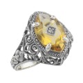 Victorian Style Sterling Silver Citrine Filigree Ring w/ Diamond Center