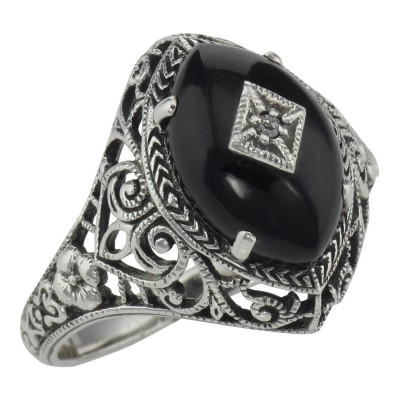 Art Deco Style Black Oynx Ring with Diamond Center - Sterling Silver - FR-424-O