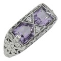 Art Deco Style Genuine Amethyst Filigree Ring - Sterling Silver