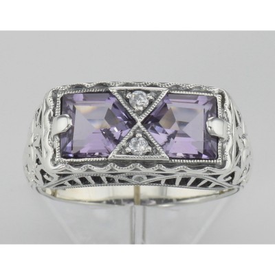 Art Deco Style Genuine Amethyst Filigree Ring - Sterling Silver - FR-475-AM
