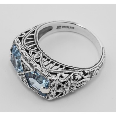 Antique Style 2 Stone Blue Topaz Filigree Ring Sterling Silver - FR-475-BT
