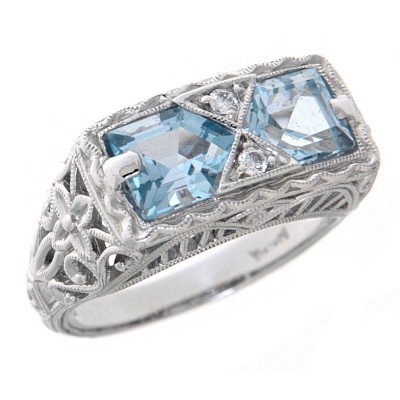 Antique Style 2 Stone Blue Topaz Filigree Ring 14kt White Gold - FR-475-BT-WG