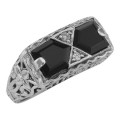 Art Deco Style Black Onyx Filigree Ring with 2 diamonds - Sterling Silver