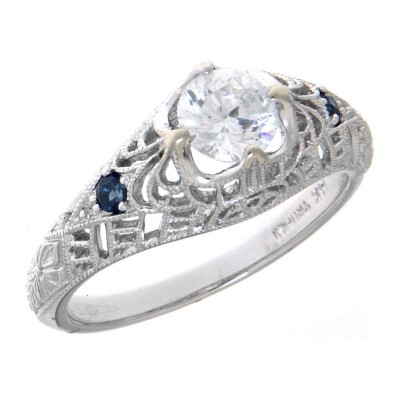 Victorian Style CZ Filigree Ring Genuine Sapphire Accents 14kt White Gold - FR-48-CZ-WG