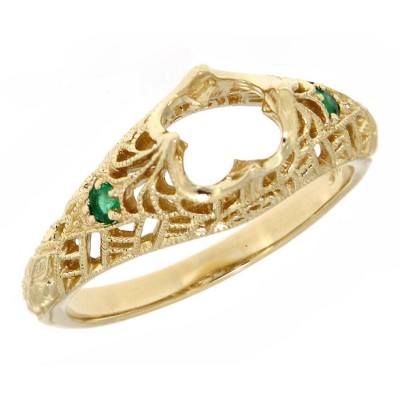Semi Mount Filigree Ring with Emerald Accents - 14kt Yellow Gold - FR-48-SEMI-E-YG