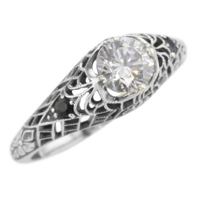 White Topaz Filigree Ring with Genuine Sapphire Accents Sterling Silver - FR-48-WT