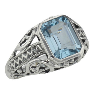 Large Emerald Cut Genuine Blue Topaz Filigree Ring - Sterling Silver - FR-54-BT