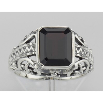 Large Emerald Cut Genuine Garnet Filigree Ring - Sterling Silver - FR-54-G