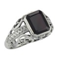 Large Emerald Cut Genuine Garnet Filigree Ring - Sterling Silver