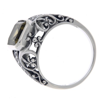 Large Emerald Cut Genuine Olive Quartz Filigree Ring - Sterling Silver - FR-54-OQ