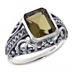 Large Emerald Cut Genuine Olive Quartz Filigree Ring - Sterling Silver