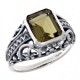 Large Emerald Cut Genuine Olive Quartz Filigree Ring - Sterling Silver - FR-54-OQ