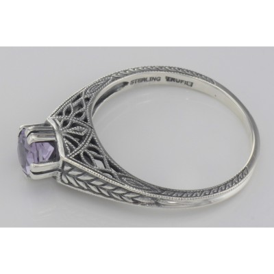 Beautiful Victorian Style Amethyst Solitare Filigree Ring - Sterling Silver - FR-55-AM